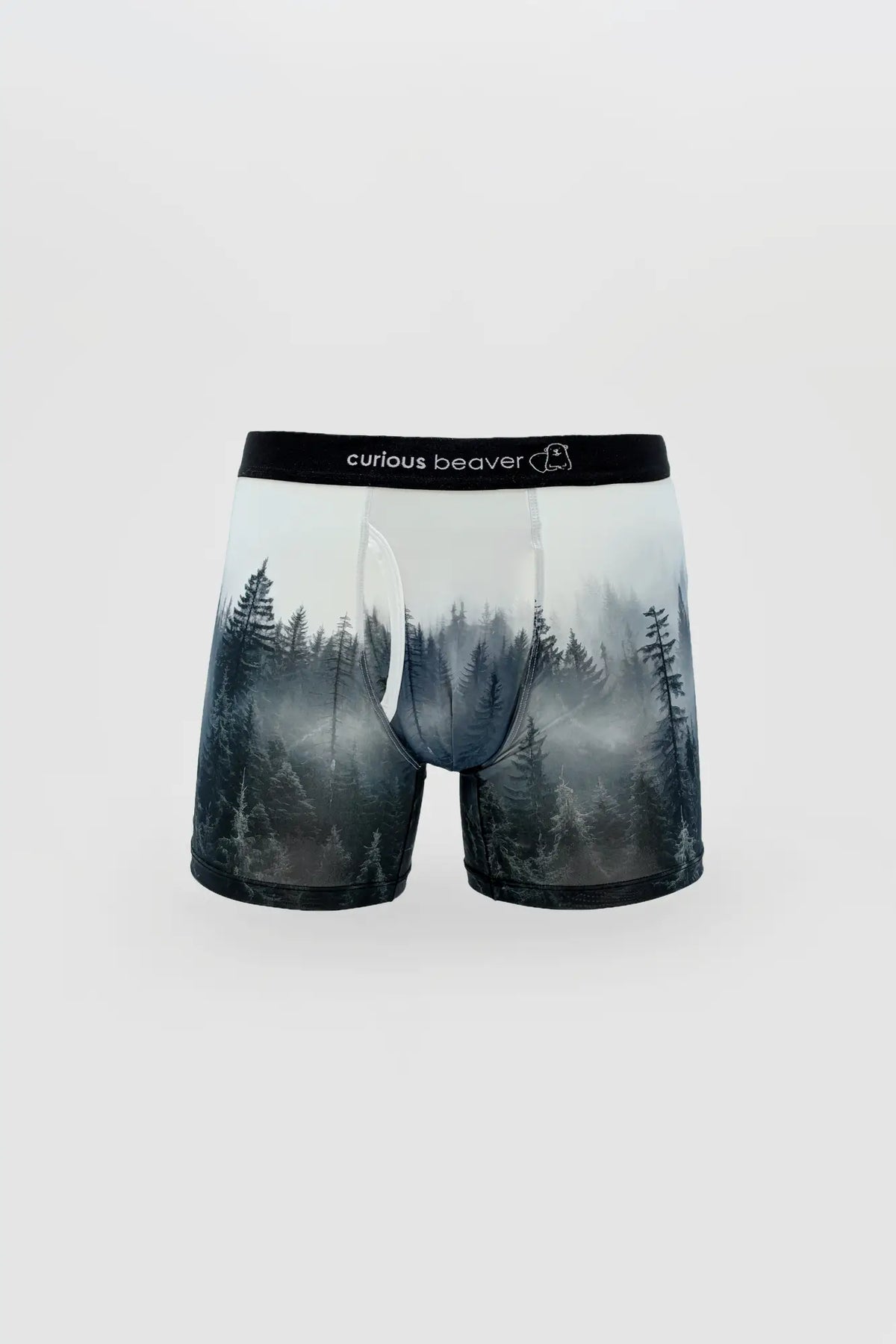 Misty forest-themed menâ€™s boxer briefs in soft translucent fabric with black elastic waistband featuring curious beaver logo