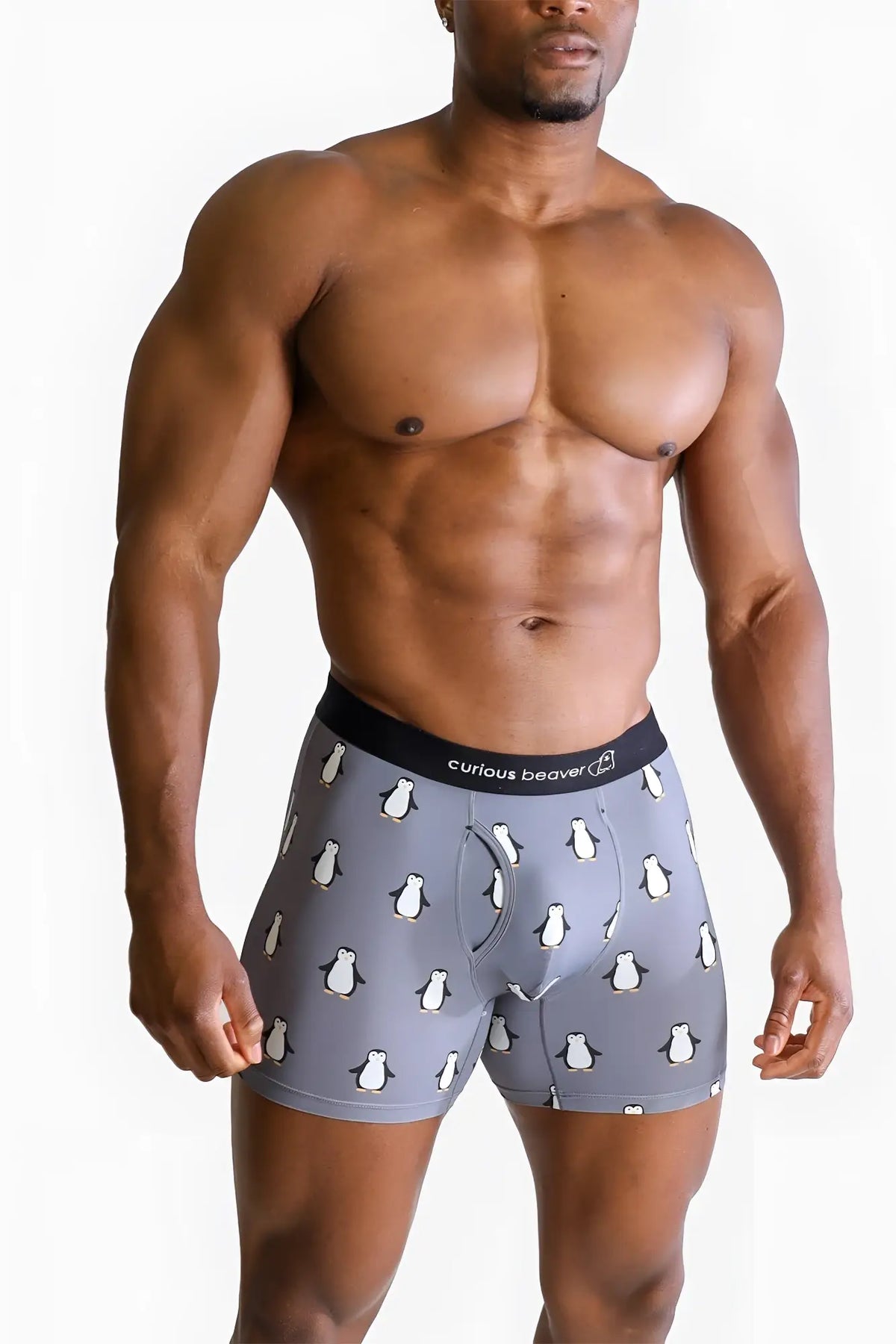 Menâ€™s gray boxer briefs with white penguin pattern and black elastic waistband featuring curious beaver brand name