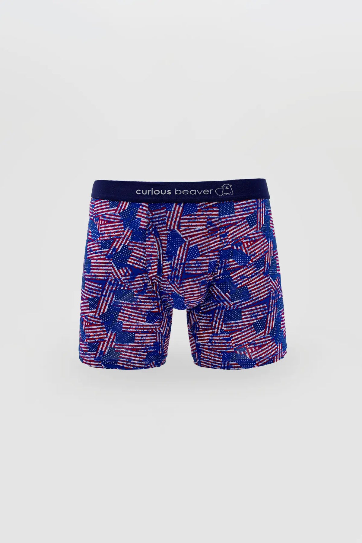 Menâ€™s blue boxer briefs with a vibrant red white and blue usa flag pattern for patriotic wear
