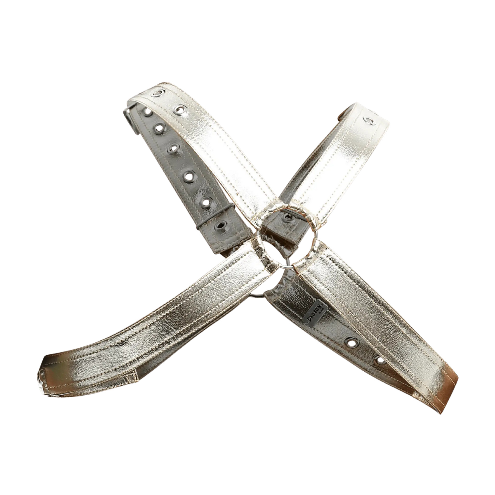 Men’s cross x leather harness in silver metallic with adjustable straps and central ring buckle