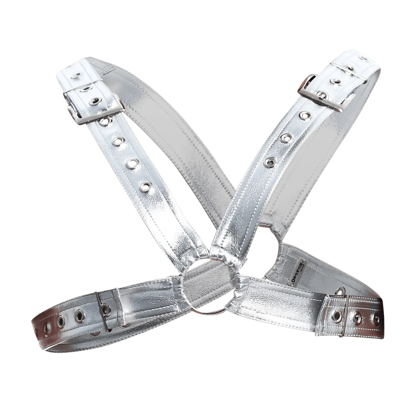 Men’s cross x leather harness in silver metallic with adjustable straps and buckle closures front view