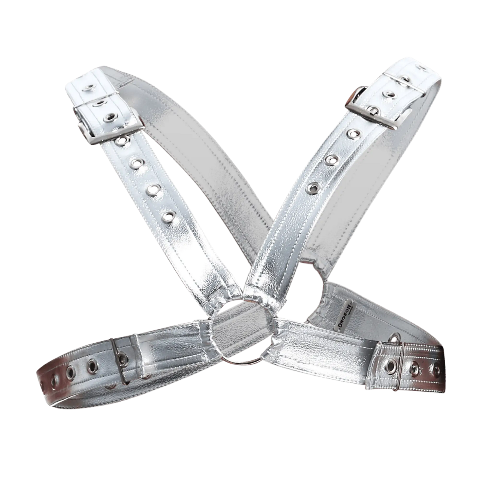 Men’s cross x leather harness in silver metallic with adjustable straps and buckle closures front view