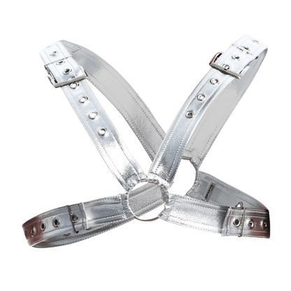 Men’s cross x leather harness in silver metallic with adjustable straps and buckle closures front view