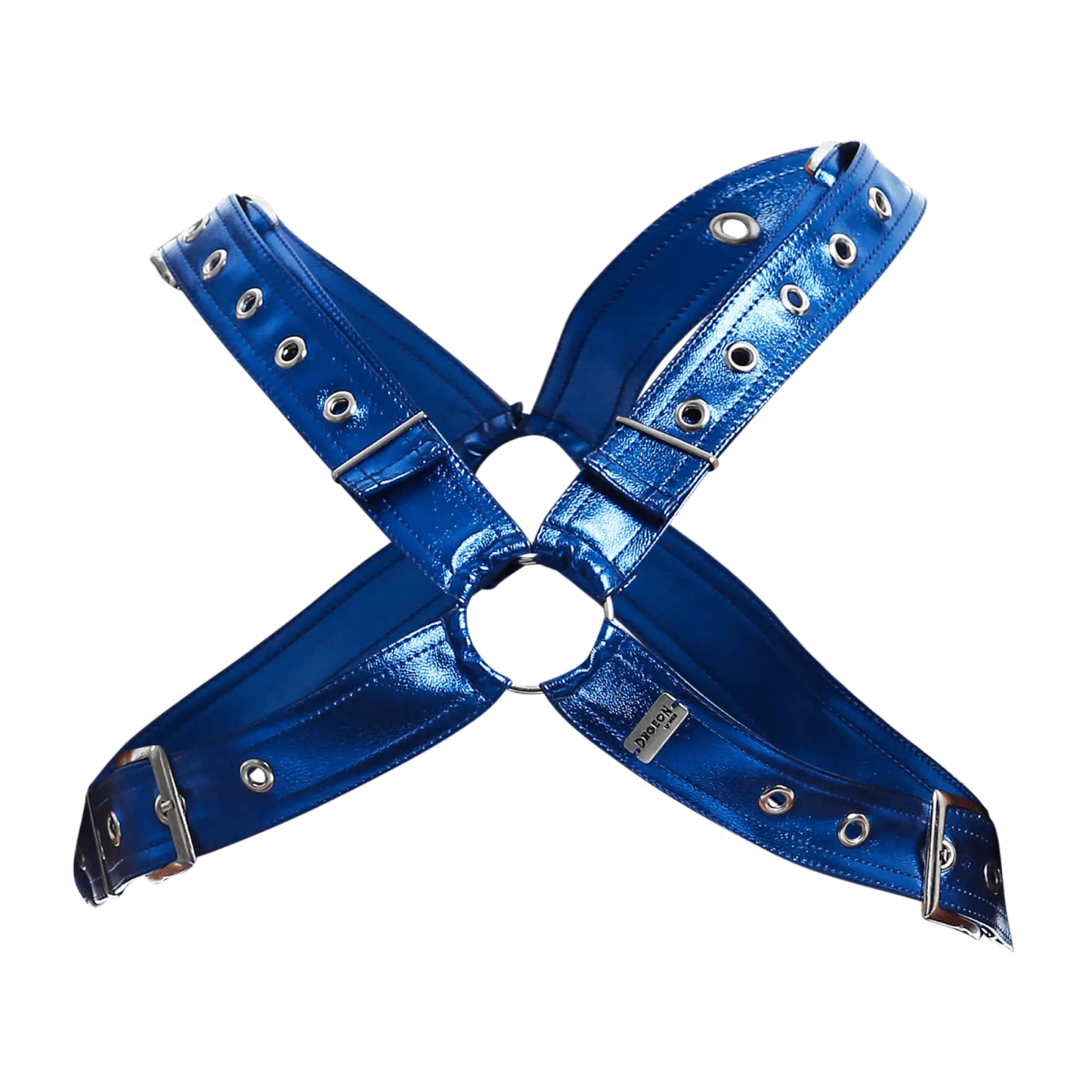 Men’s cross x leather harness in vibrant blue metallic leather with silver metal hardware and grommets