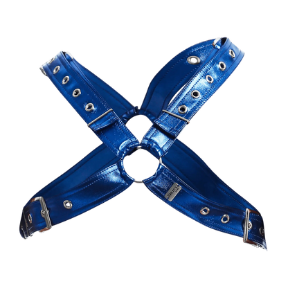 Men’s cross x leather harness in vibrant blue metallic leather with silver metal hardware and grommets