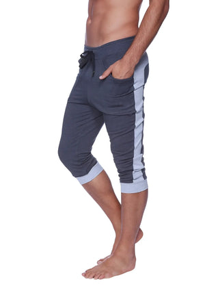 Mens cuffed yoga pants in charcoal with heather grey featuring dark gray capri joggers and light blue side stripes