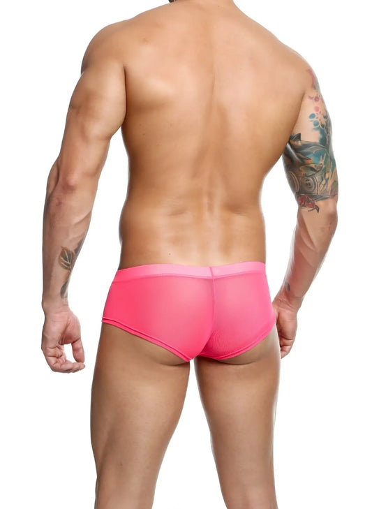 Men’s sheer hip brief in bright pink mesh with solid pink waistband for a bold and breathable fit