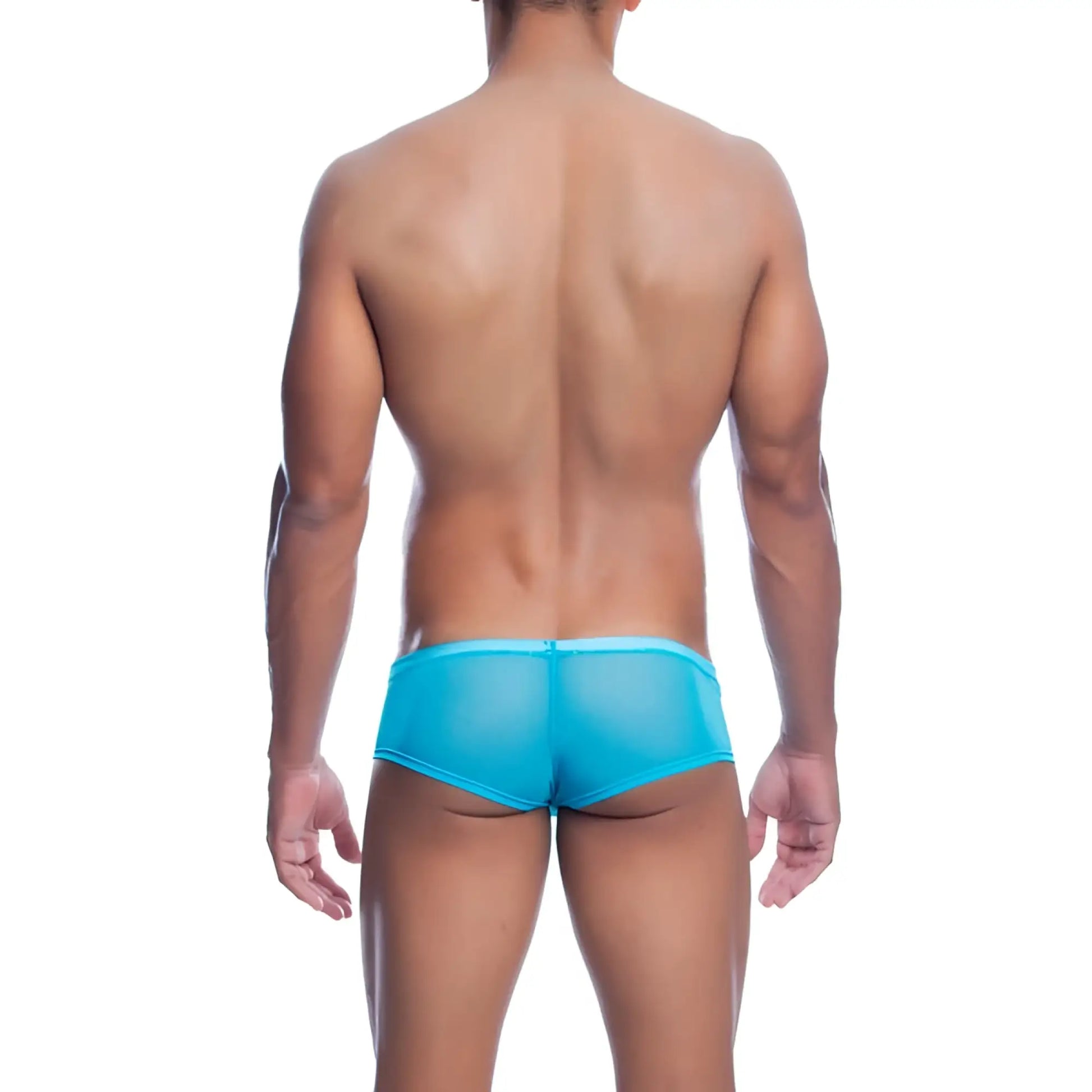 Men’s sheer hip brief in bright turquoise featuring lightweight sheer fabric and a comfortable hip cut design