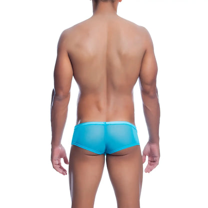 Men’s sheer hip brief in bright turquoise featuring lightweight sheer fabric and a comfortable hip cut design