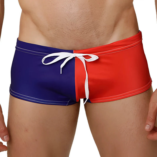 Mensuas MN8002 swimwear featuring blue and red two-tone swim trunks with a white drawstring for men