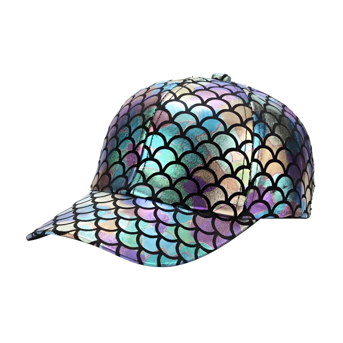 A shimmering iridescent merman cap baseball hat with teal purple and gold mermaid scale pattern