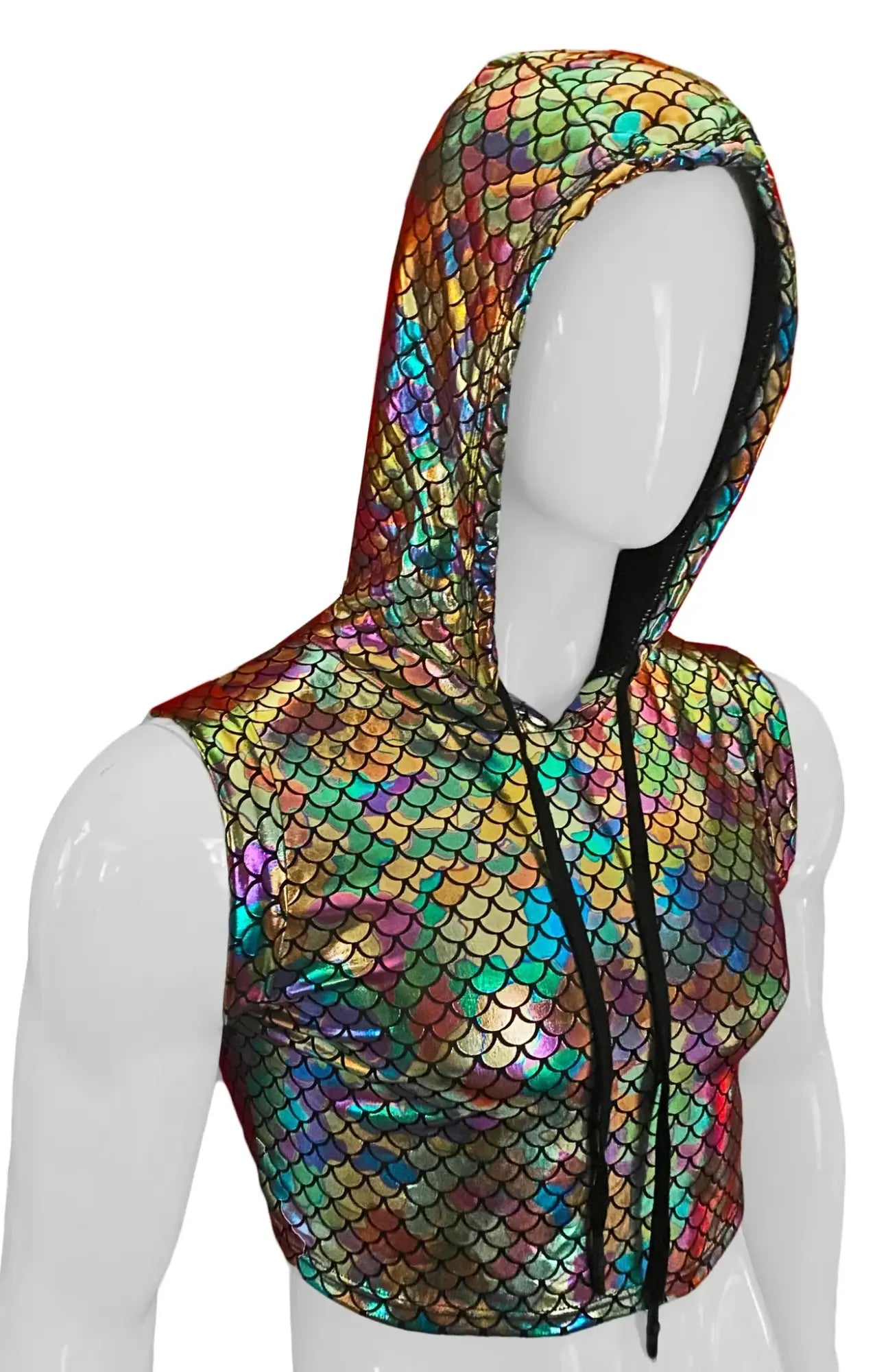Merman hooded crop tank with shimmering iridescent rainbow scale pattern and black drawstrings