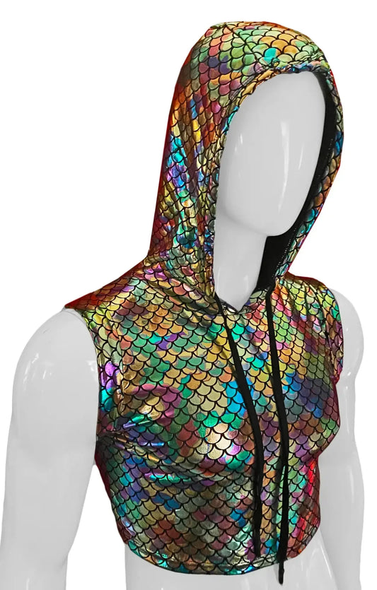Merman hooded crop tank with shimmering iridescent rainbow scale pattern and black drawstrings