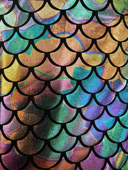 Merman hooded crop tank in iridescent mermaid scale fabric with black outlines for beach and casual wear