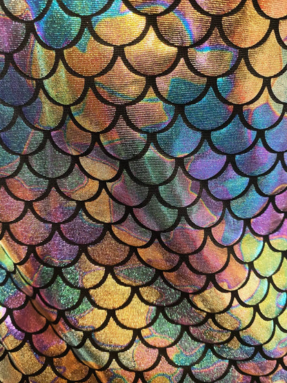 Merman tank featuring iridescent holographic mermaid scale fabric with black outlined scales for eye-catching style