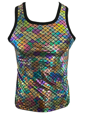 Shimmering iridescent tank top with a vibrant multicolored fish scale pattern and black trim.