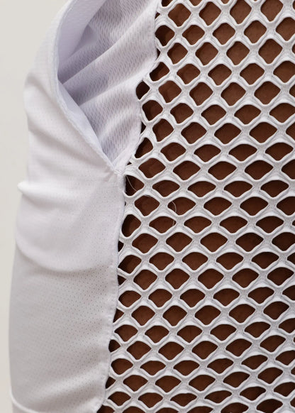 White mesh back short athletic vest with breathable diamond pattern and solid fabric arm panel for ventilation