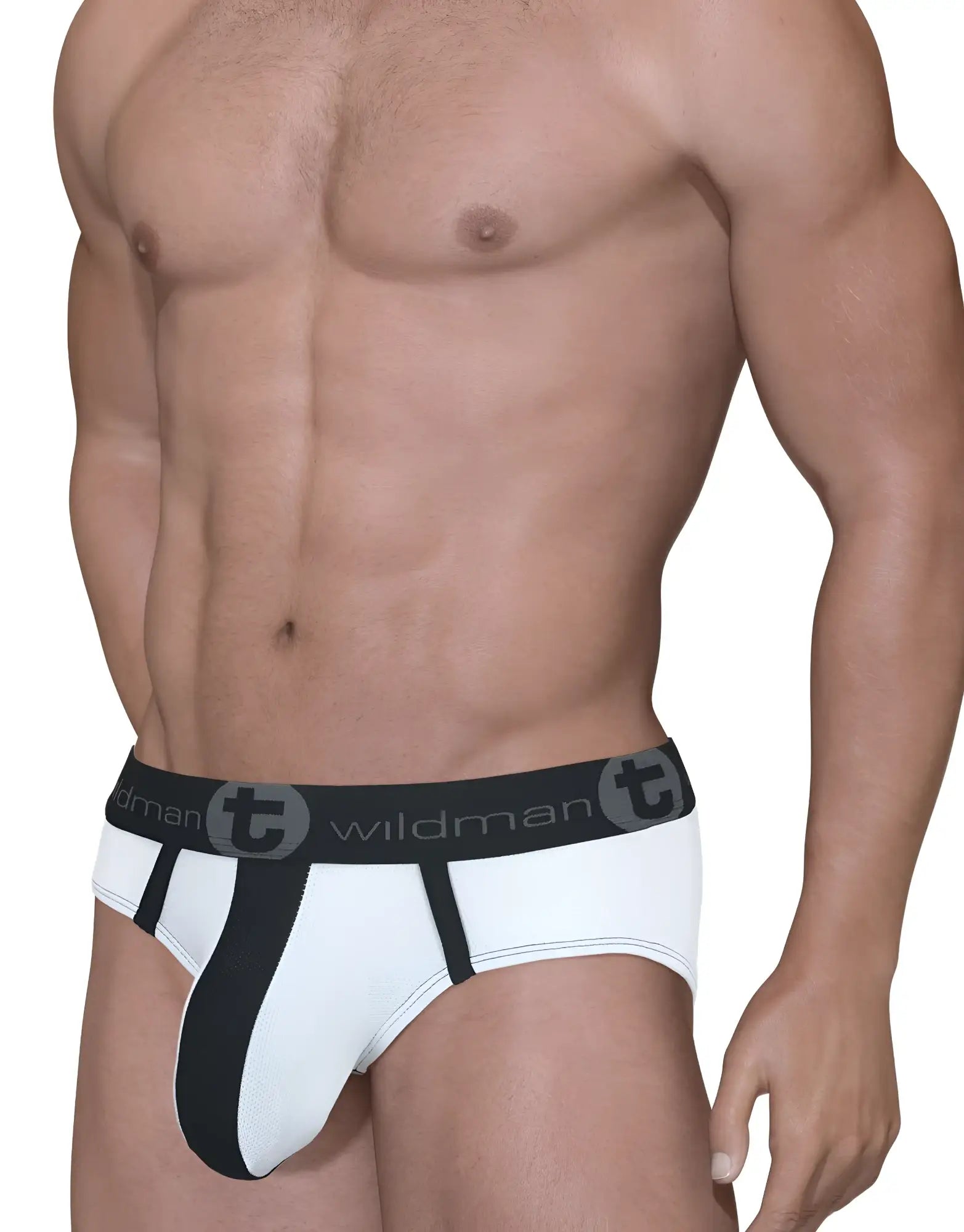 Mesh big boy pouch brief in white and black with bold stripe and wildman logo on elastic waistband
