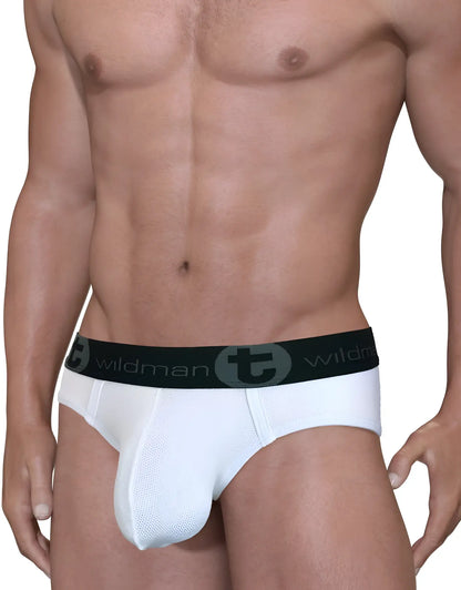 White mesh big boy pouch briefs with black elastic waistband featuring wildman logo and circular emblem