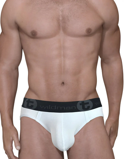 White mens mesh big boy pouch briefs with black elastic waistband featuring wildman brand logo and circular t emblem