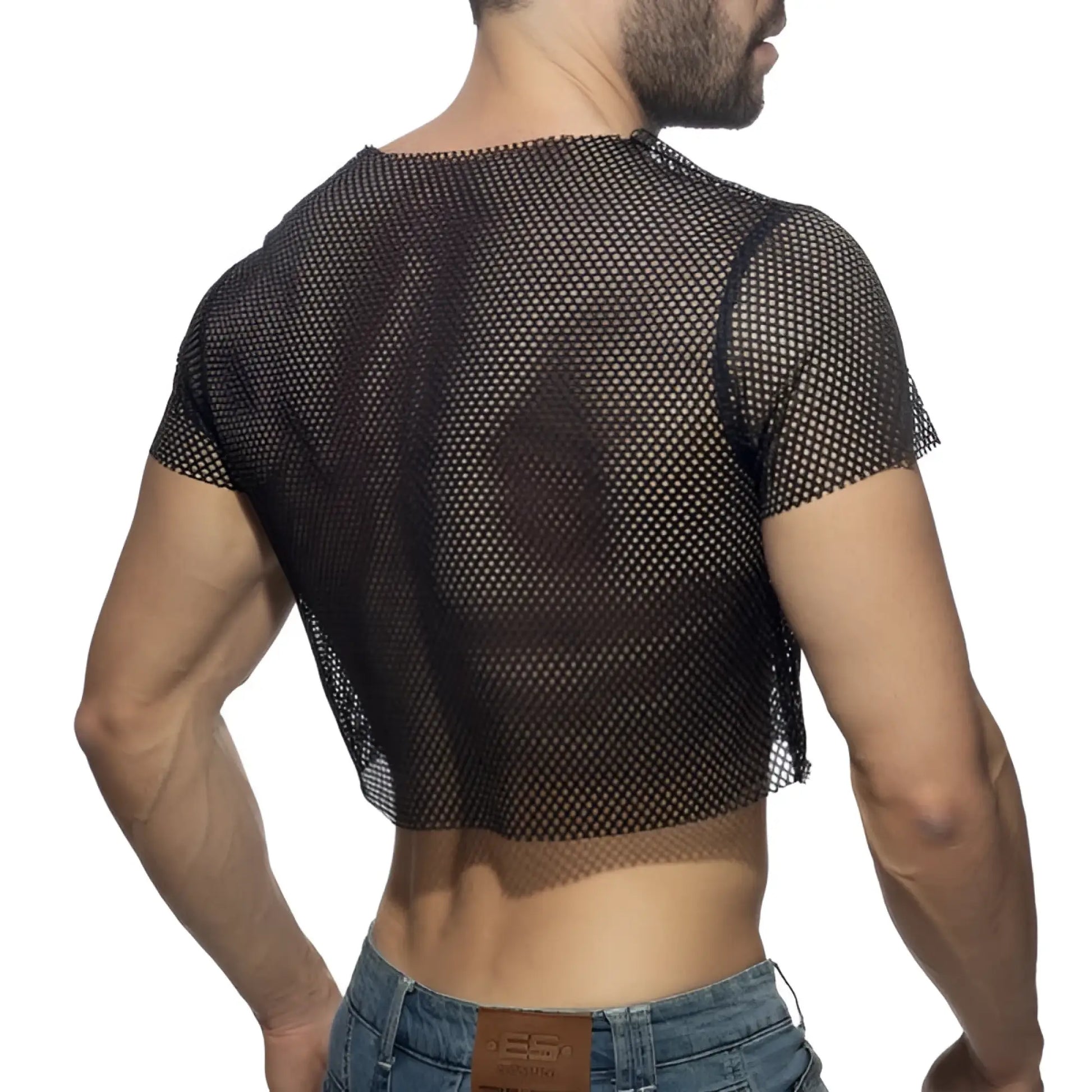 Black mesh crop top with short sleeves and round neckline made of breathable mesh material for casual wear