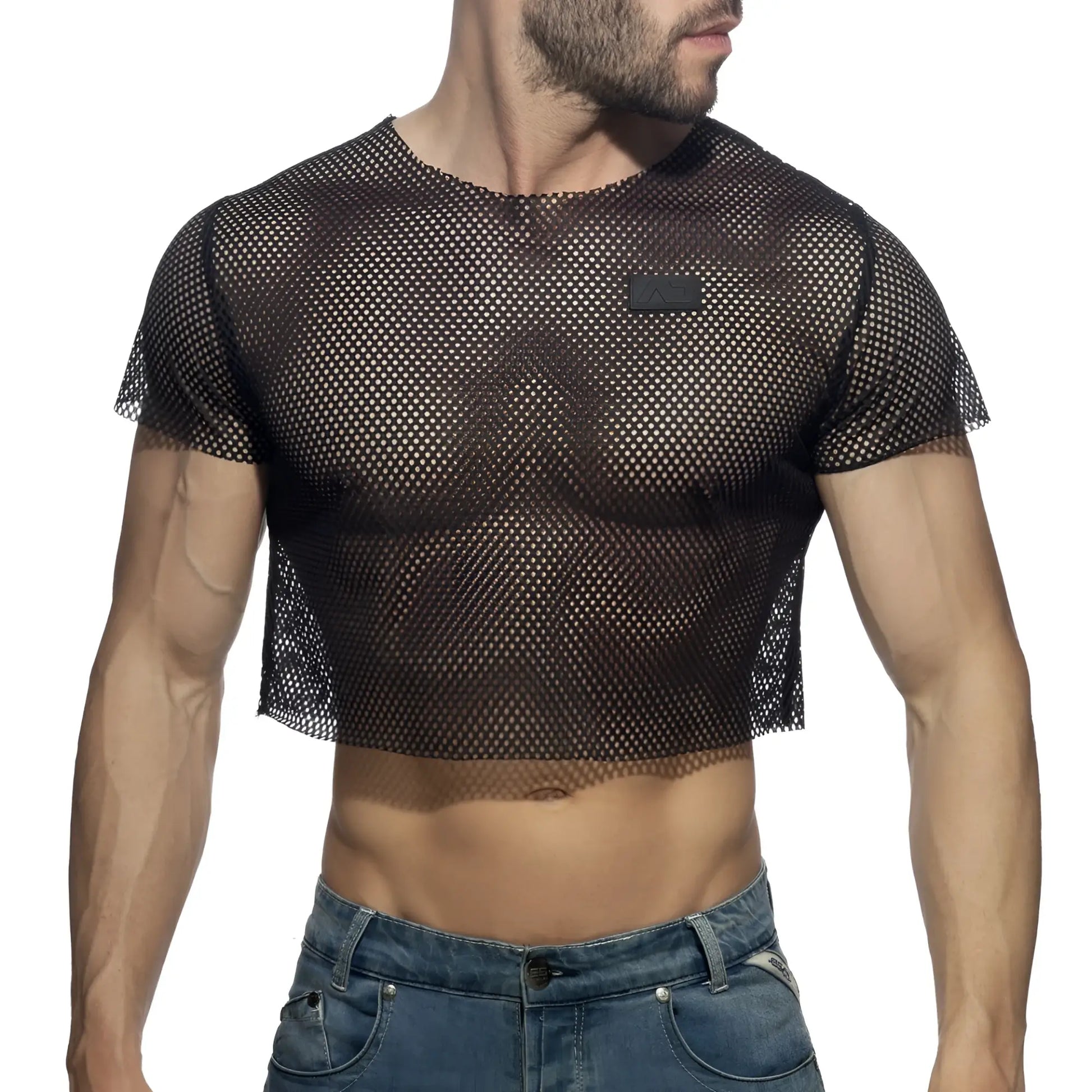 Black mesh crop top with short sleeves and a small rectangular patch on the chest perfect for casual wear