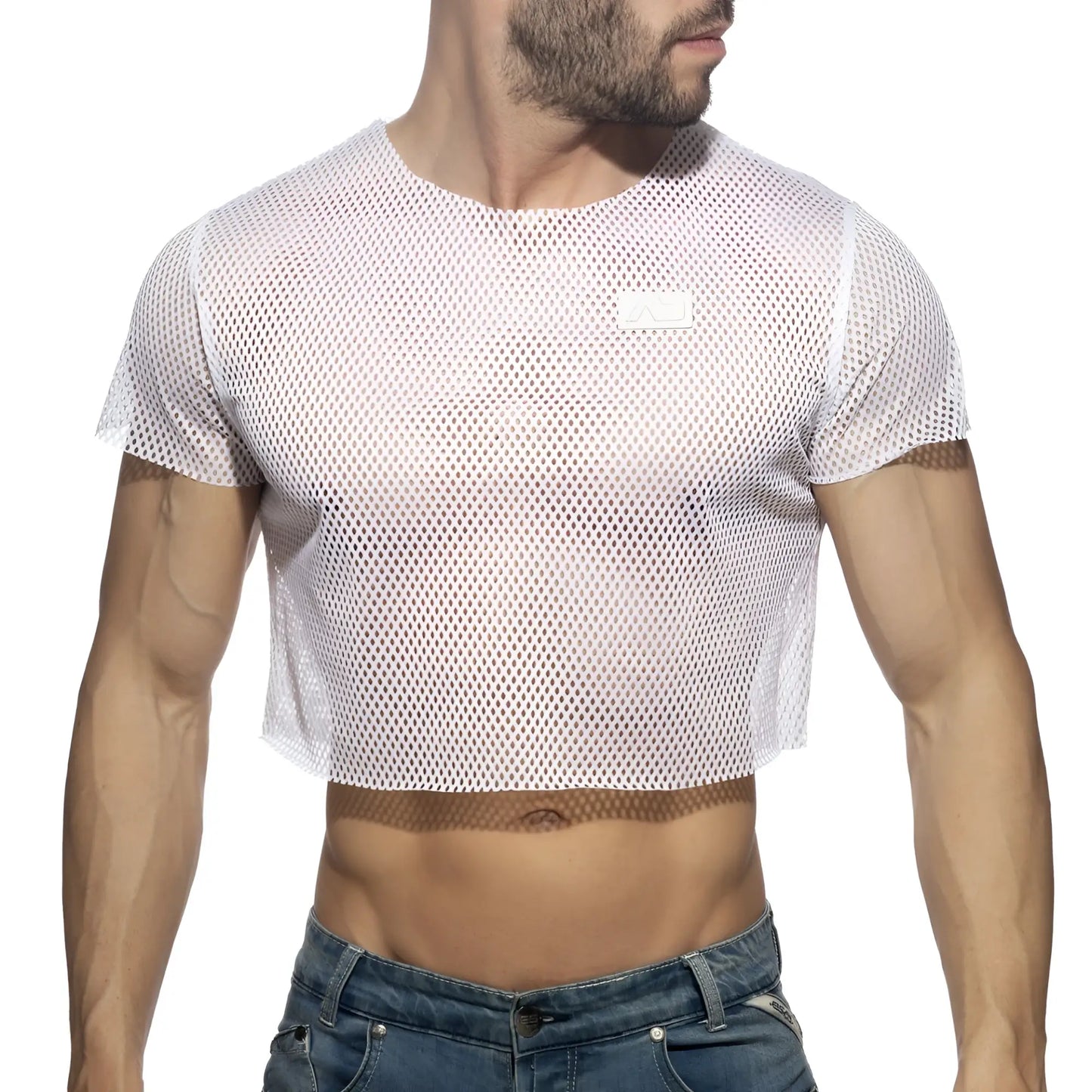 White mesh crop top with short sleeves and round neckline made of breathable mesh fabric for casual wear
