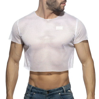 White mesh crop top with short sleeves and round neckline made of breathable mesh fabric for casual wear