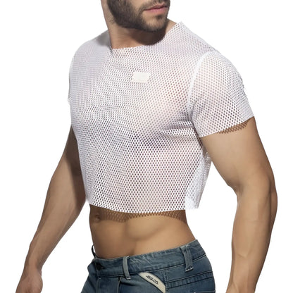 White mesh crop top with short sleeves and a small rectangular patch on the chest for casual wear