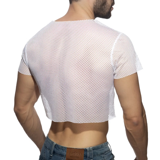 White mesh crop top with short sleeves and round neckline made of breathable mesh fabric for casual wear