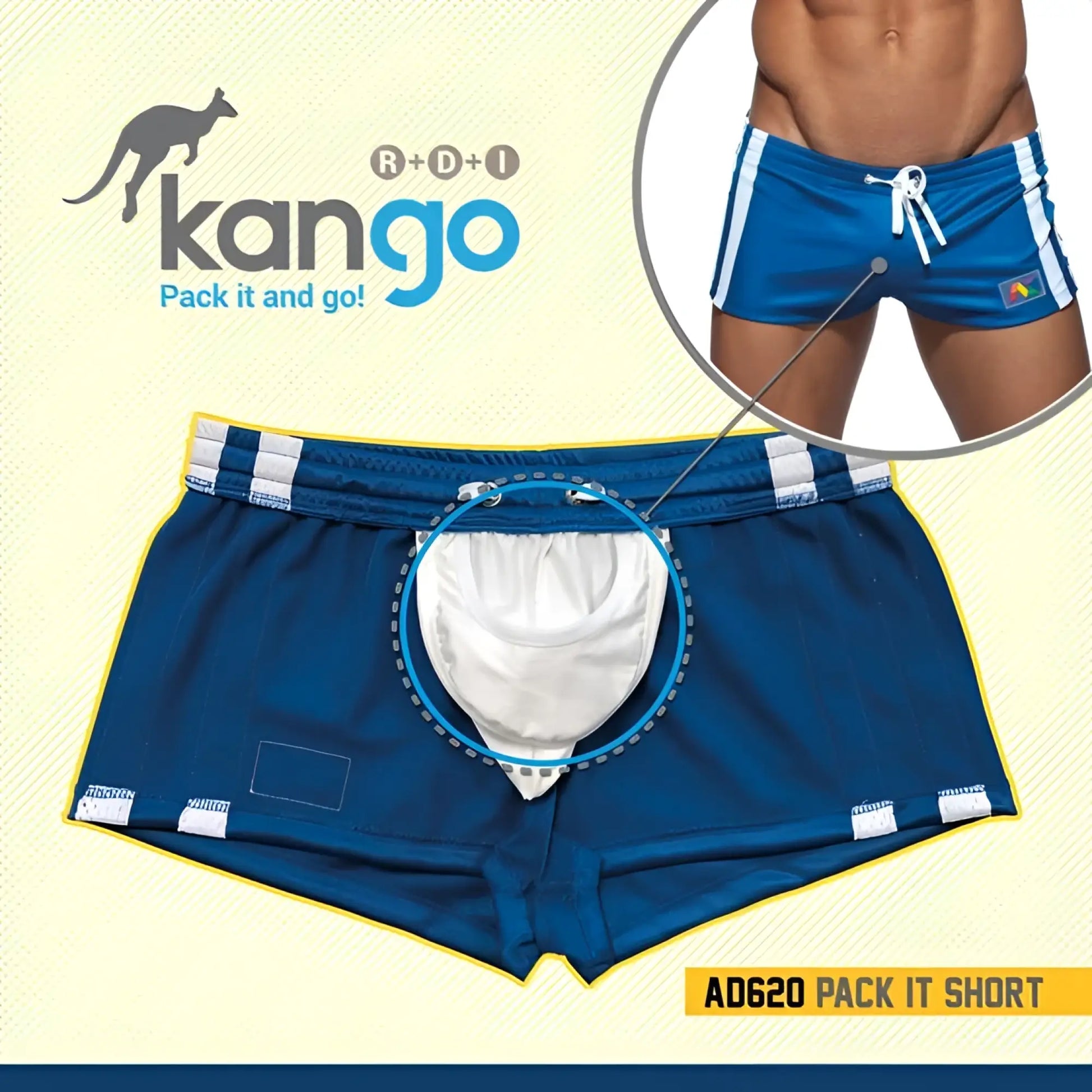 Blue kangoo ad620 pack it short swim trunks with white side stripes and built-in pouch in mesh rainbow short design
