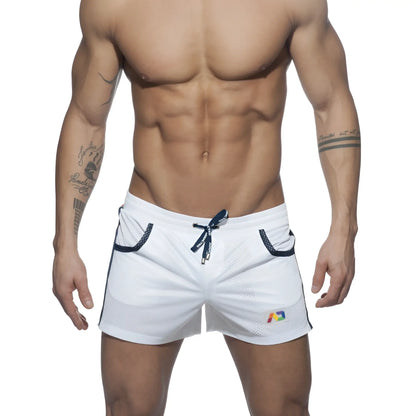 White mesh athletic shorts with navy blue drawstring trim and colorful logo mesh rainbow short