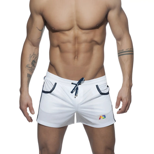 White mesh athletic shorts with navy blue drawstring trim and colorful logo mesh rainbow short