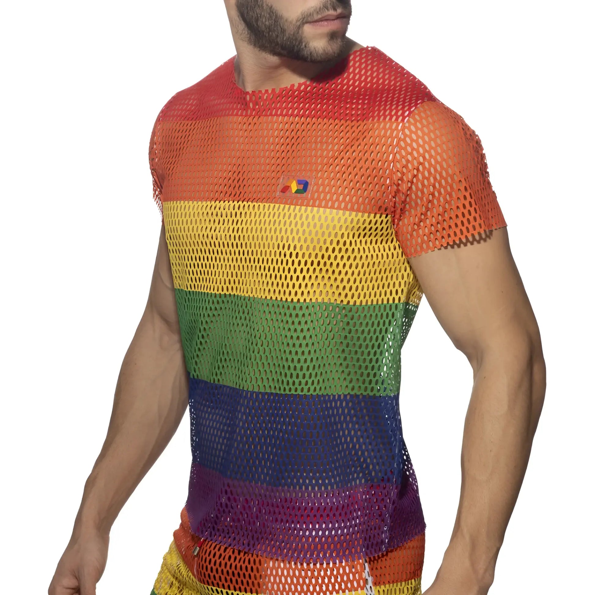 Mesh rainbow t-shirt featuring rainbow-striped design and a small logo on the chest in breathable fabric