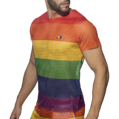 Mesh rainbow t-shirt featuring rainbow-striped design and a small logo on the chest in breathable fabric