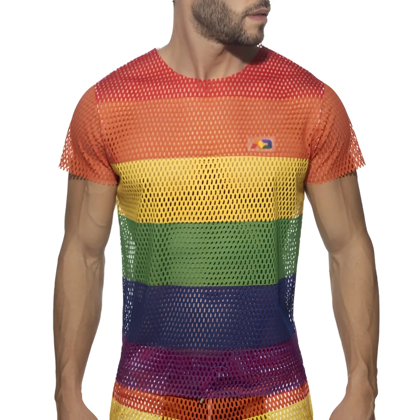 Men’s mesh t-shirt with rainbow stripes and a small logo on the chest perfect for casual wear