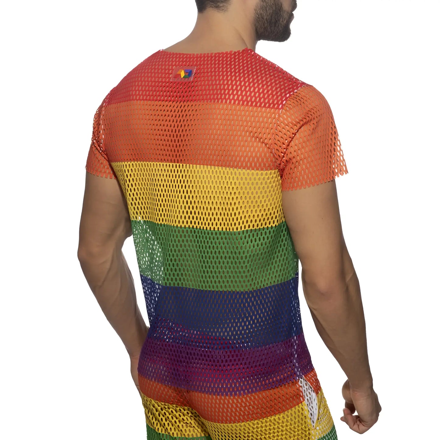 Mesh rainbow t-shirt featuring a fitted, form-fitting design with short sleeves and rainbow-striped mesh fabric