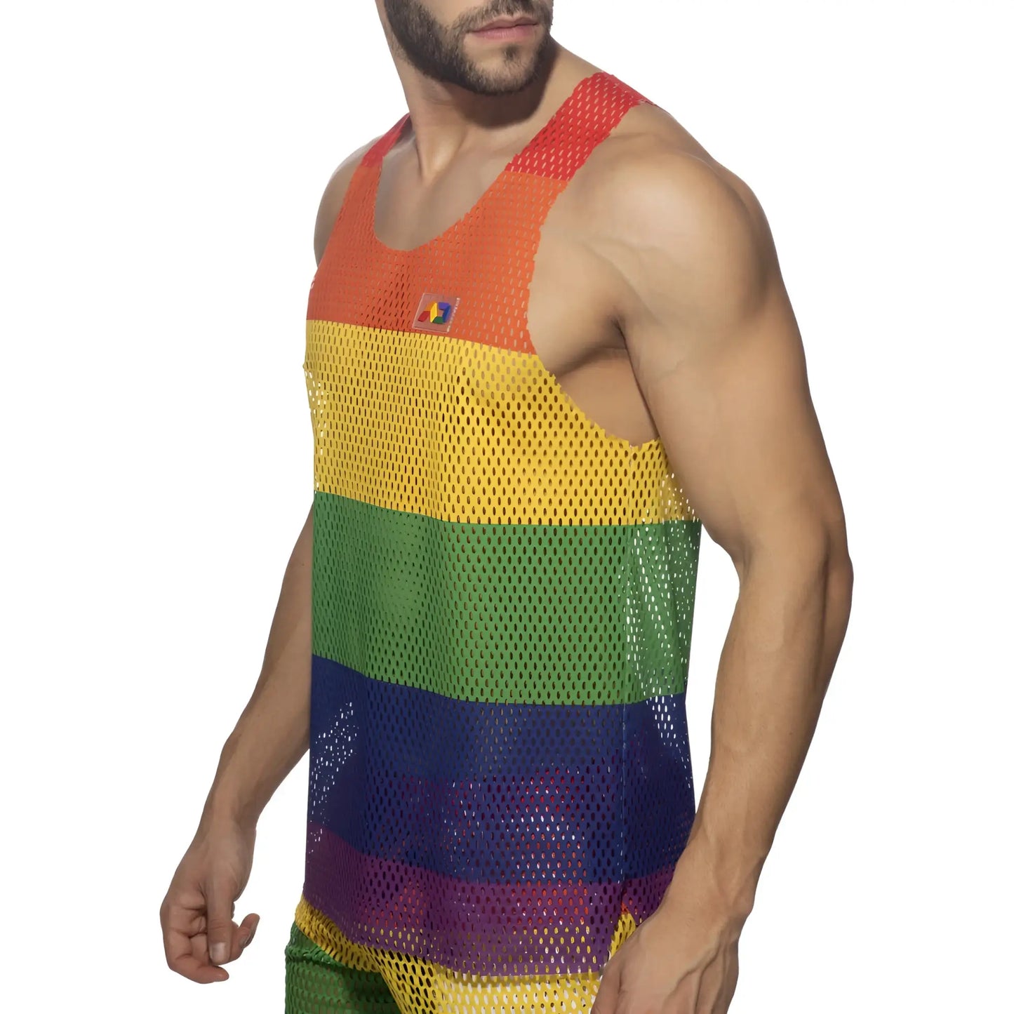 Mesh rainbow tank top featuring rainbow stripes and a small flag patch on the chest made from breathable mesh material