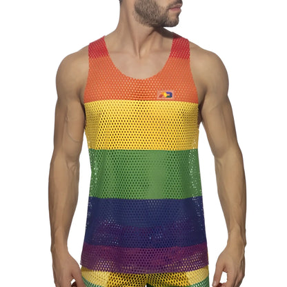 Mesh rainbow tank top featuring rainbow stripes and a small logo on the upper left chest in mesh fabric