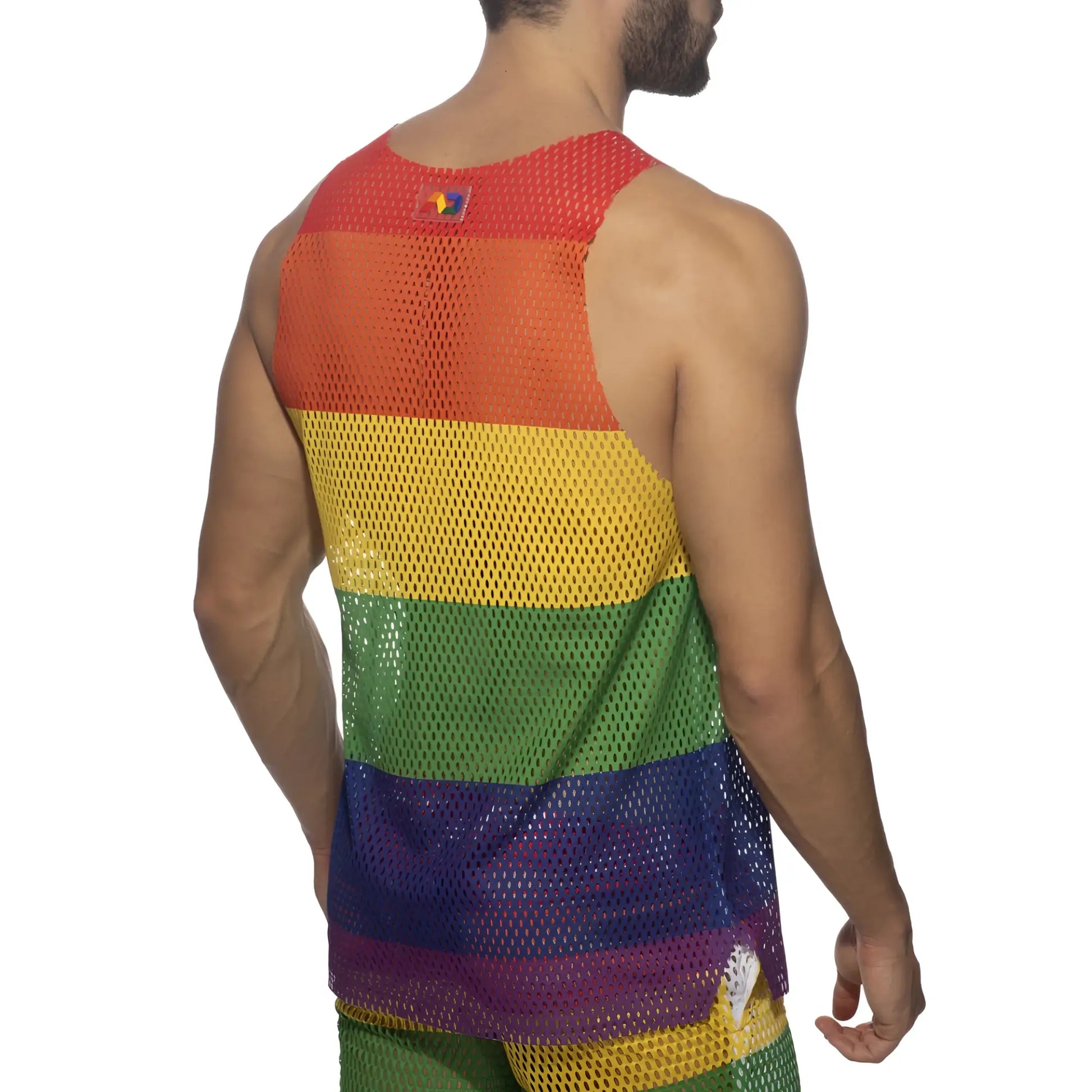 Mesh rainbow tank top with vibrant rainbow-striped horizontal bands of red orange yellow green blue and purple