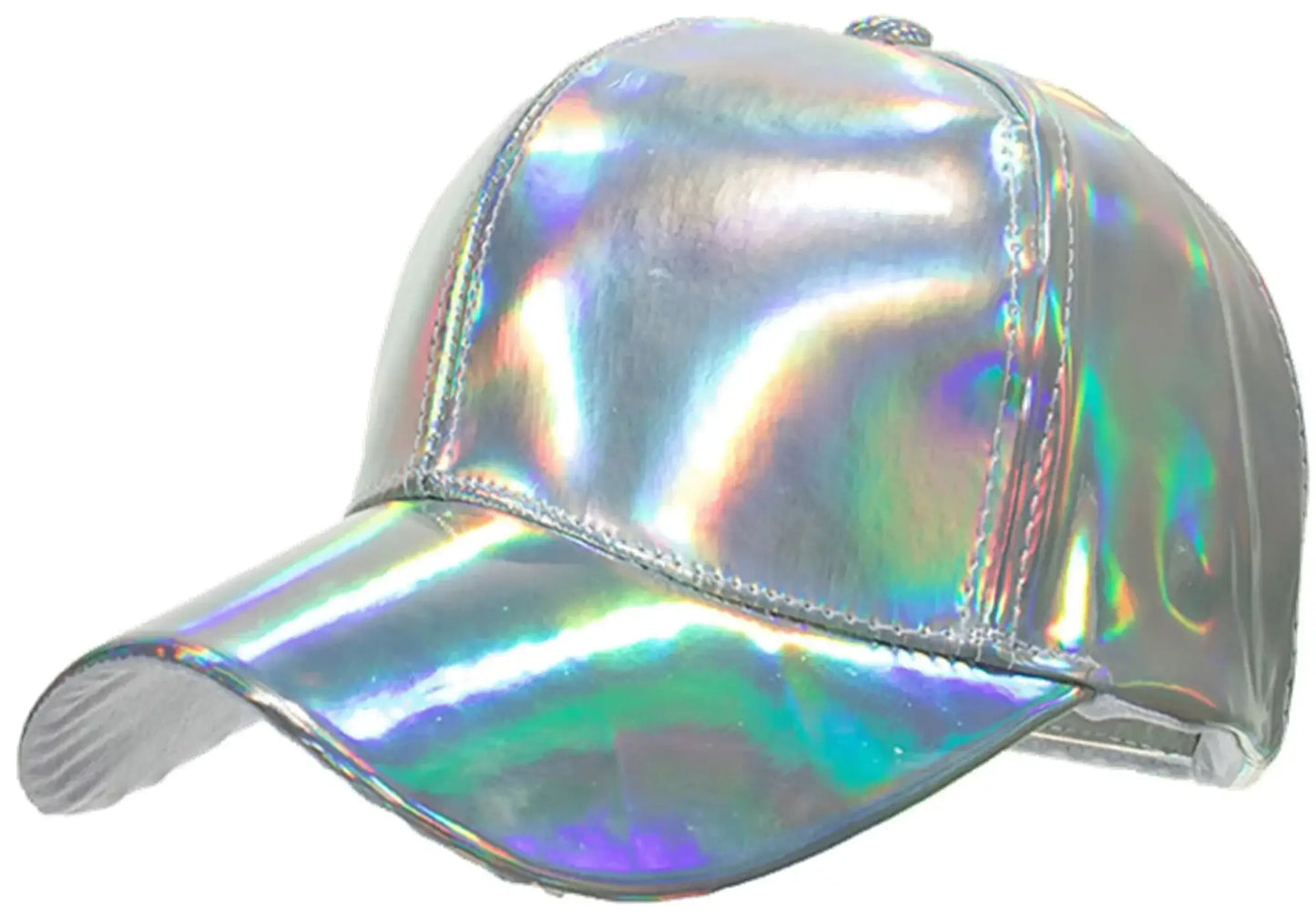 Metallic baseball cap with shimmering holographic reflective iridescent finish shifting between silver and rainbow hues