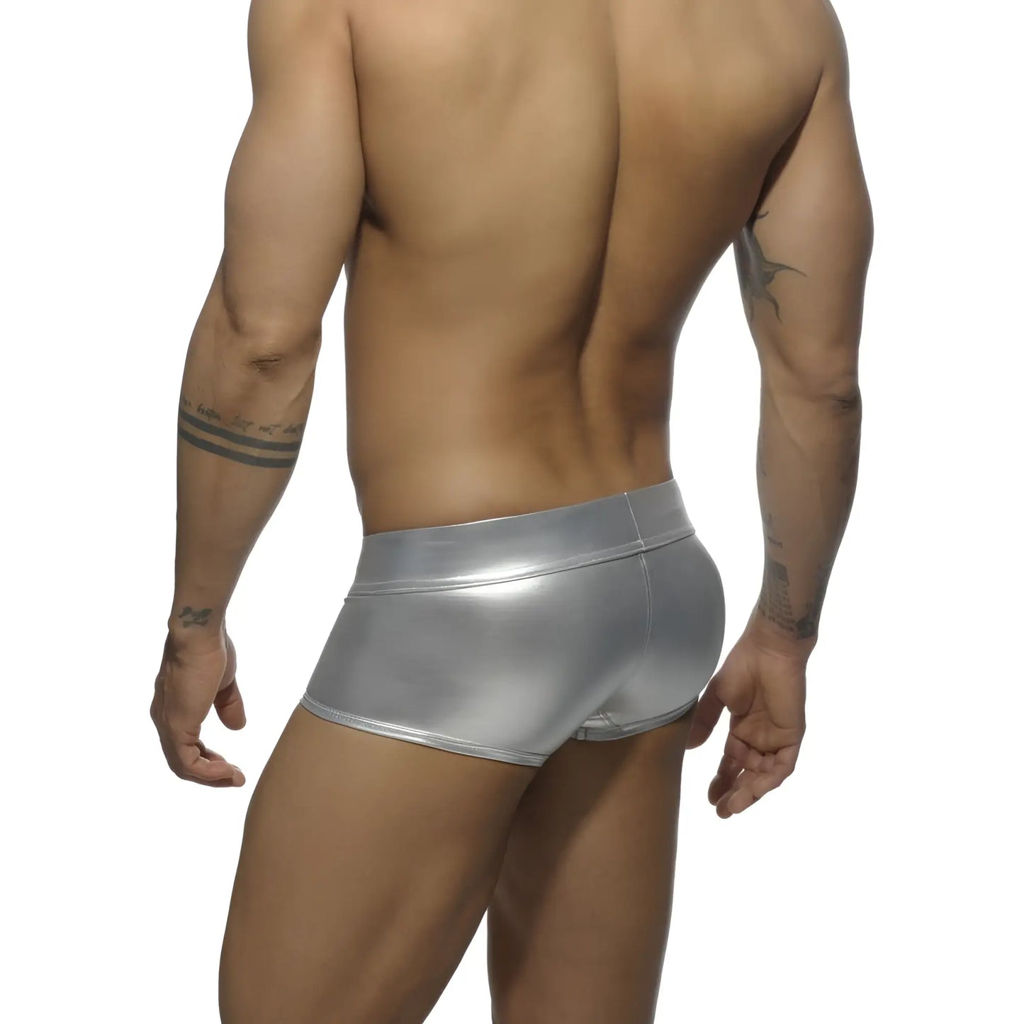 Shiny silver metallic boxer briefs made from reflective material for stylish and comfortable underwear wear