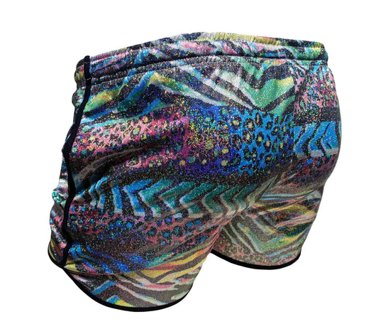 Vibrant multicolored metallic zebra pocket shorts with glittery abstract zebra and leopard patterns