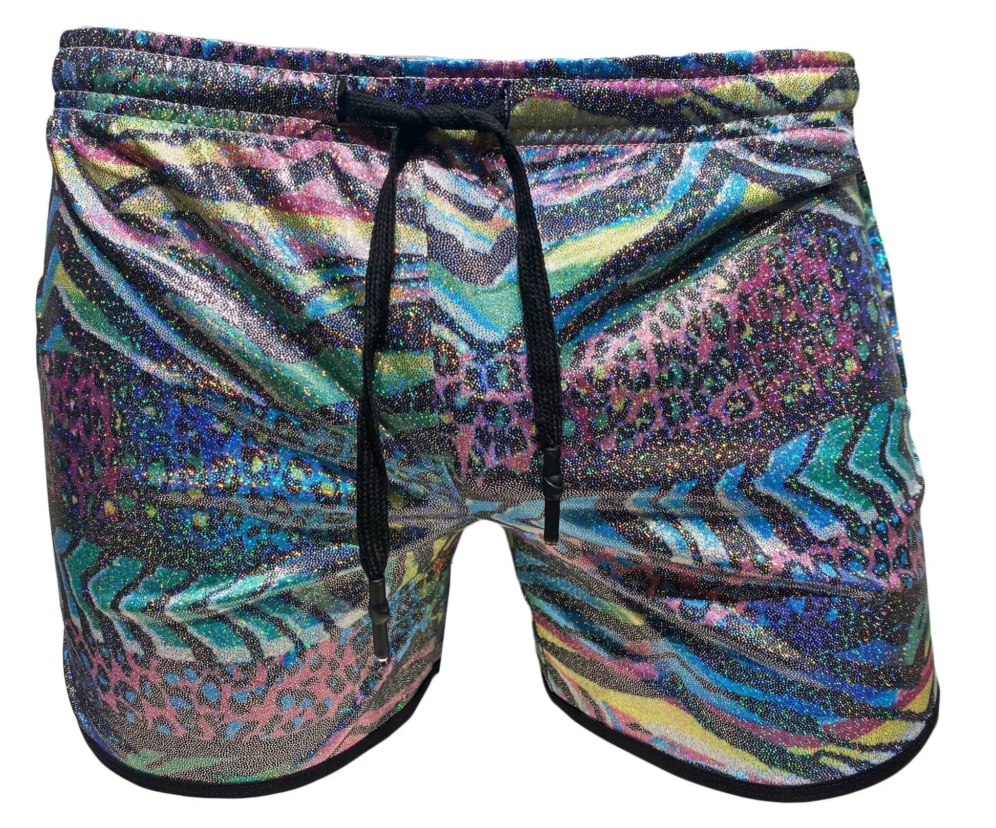 Metallic zebra pocket shorts vibrant multicolored swim trunks with shimmering abstract pattern bold stripes and leopard spots