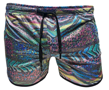 Metallic zebra pocket shorts vibrant multicolored swim trunks with shimmering abstract pattern bold stripes and leopard spots