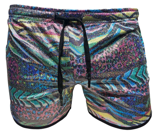 Metallic zebra pocket shorts vibrant multicolored swim trunks with shimmering abstract pattern bold stripes and leopard spots