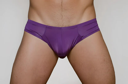 Purple stretch fabric metro bunz low-rise boxer briefs with contoured design showing front side