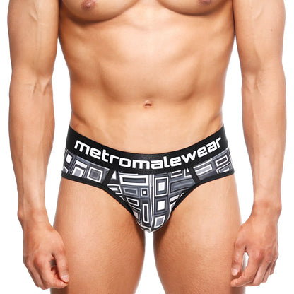 Black and gray geometric-patterned men’s briefs with metromalewear waistband MetroMaleWear 365 Hip Brief Basalto 9005-23