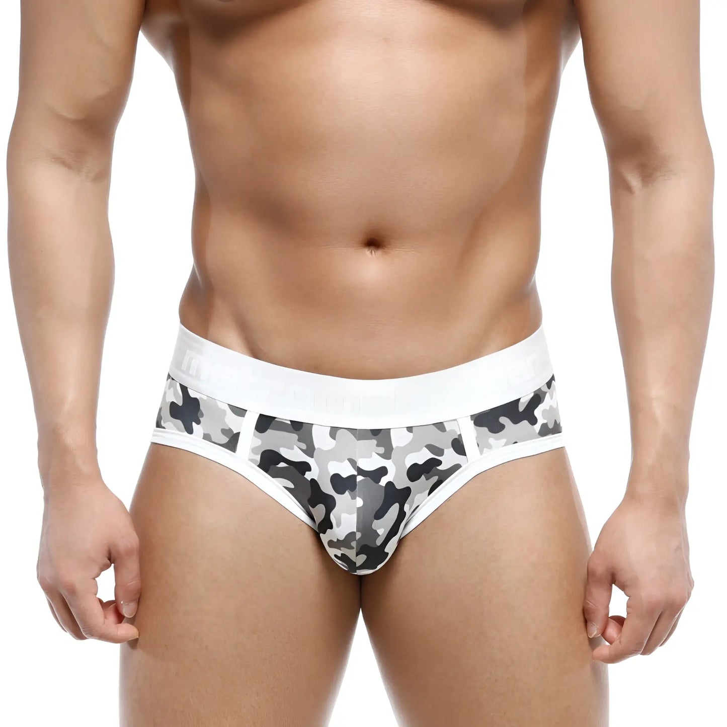 MetroMaleWear 365 hip brief camo with gray and black camouflage pattern and a white elastic waistband