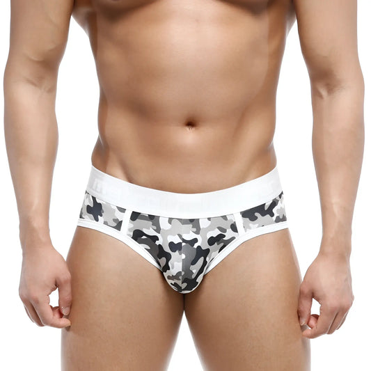 MetroMaleWear 365 hip brief camo with gray and black camouflage pattern and a white elastic waistband